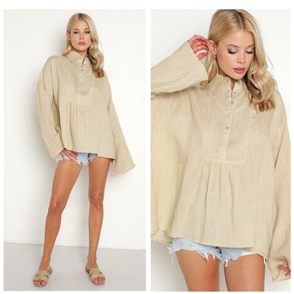 Kinga Csilla Mabel Blouse Oversized 100% Linen Shirt Sandstone Size Large - Picture 1 of 12